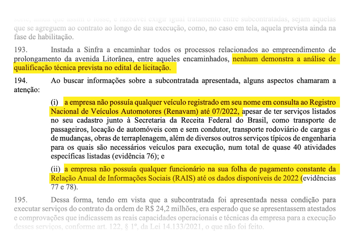 Trecho do relatório de fiscalização do TCU aponta que empresa subcontratada não tem funcionários nem veículos